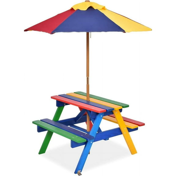 - Picnic Table Set w/Removable & Foldable Umbrella, Outside Table Set with Benches, Wooden Table and Bench Set for Toddler Boys Girls (Colorful)