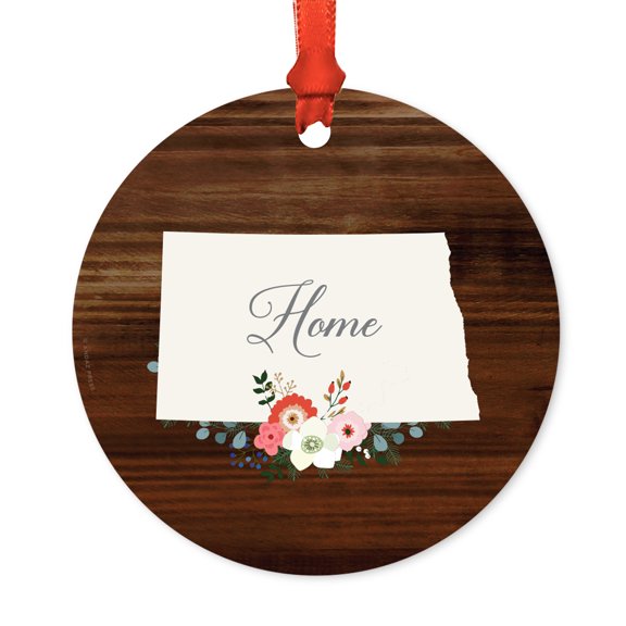 US State Round Metal Christmas Ornament, Rustic Wood with Florals Home, North Dakota, Includes Ribbon and Gift Bag