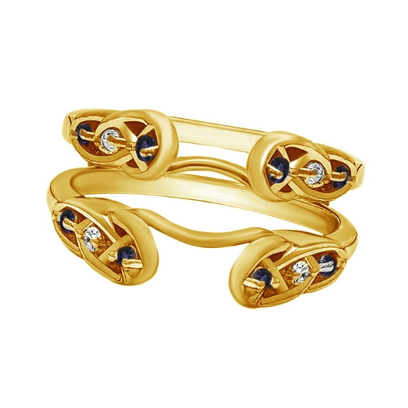 White Natural Diamond & Blue Sapphire Enhancer Ring Guard Wedding Ring in 10k Two-Tone Yellow Gold (0.24 Cttw)