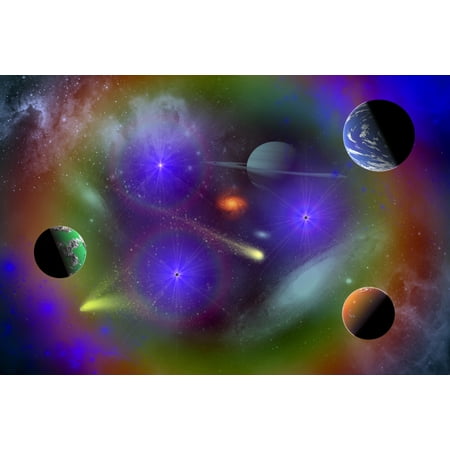 Conceptual image depicting the stars planets and nebulae of a scene in outer space Poster