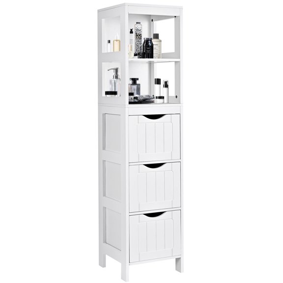 Tall Bathroom Cabinet, Slim Storage Cabinet, Narrow Floor Cabinet with 3 Drawers and 2 Tier Shelf, Freestanding Linen Tower, White