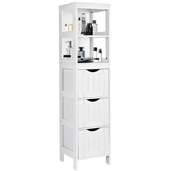 Tall Bathroom Cabinet, Slim Storage Cabinet, Narrow Floor Cabinet with 3 Drawers and 2 Tier Shelf, Freestanding Linen Tower, White