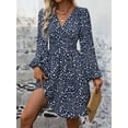 thumbnail image 5 of Women's Fall A-Line Midi Dress V-Neck Long Lantern Sleeve Elastic Waist Ruffle Flowy Swing Spring Dresses, 5 of 7