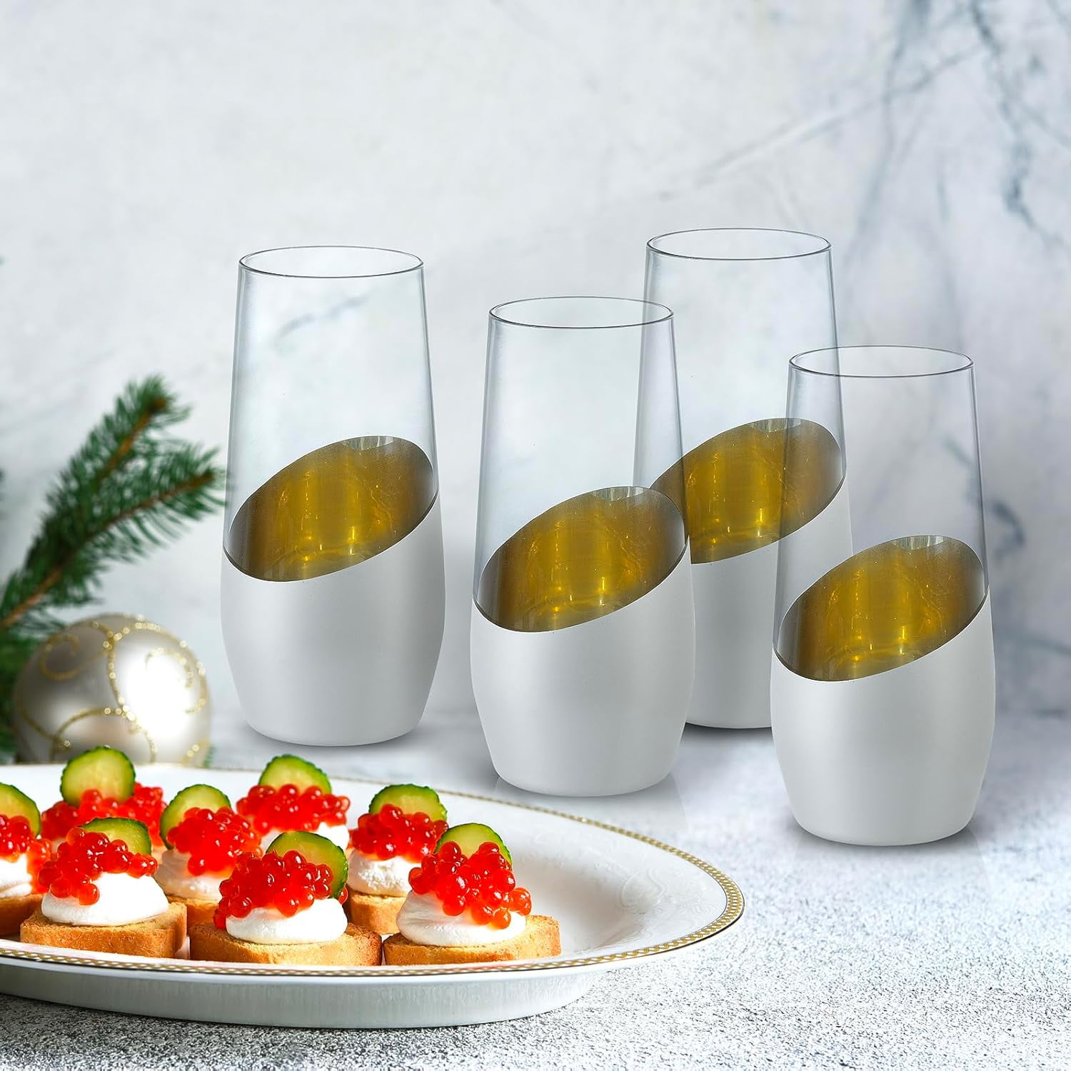 MyGift Set of 4 Stemless Champagne Flutes 11 oz Clear Glass Modern Toasting Glasses for Weddings Parties Home Bar Sparkling Wine Mimosa Drinkware Elegant Entertaining