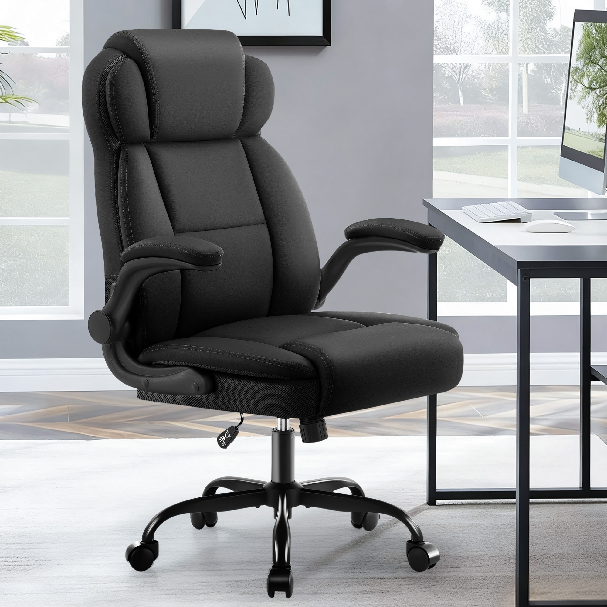 Dhole Ergonomic High-Back PU Leather Office Chair with 120° Recline & Flip-Up Arms - Home Office Desk Chair for Work, Study, Gaming, 300LBS Capacity (Black)