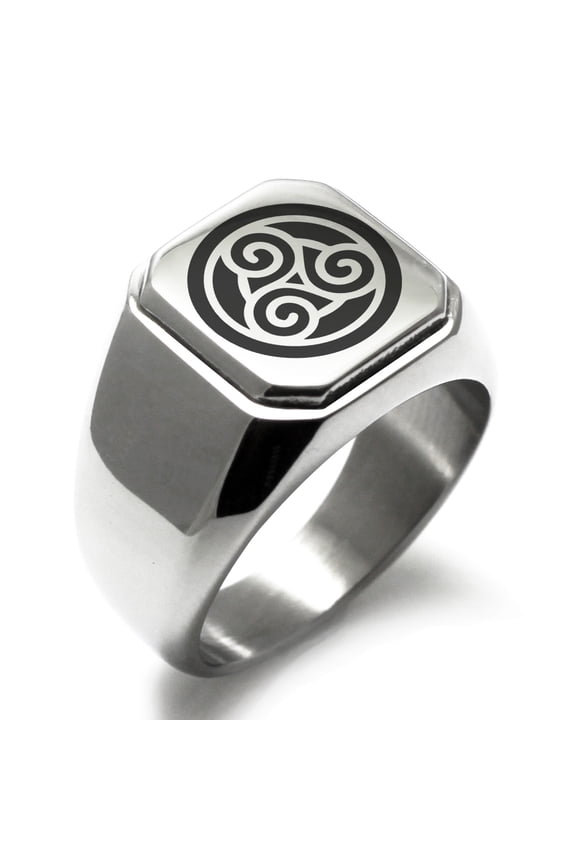 Stainless Steel Celtic Triskele Triskelion Circle Knot Engraved Square Flat Top Biker Style Polished Signet Ring