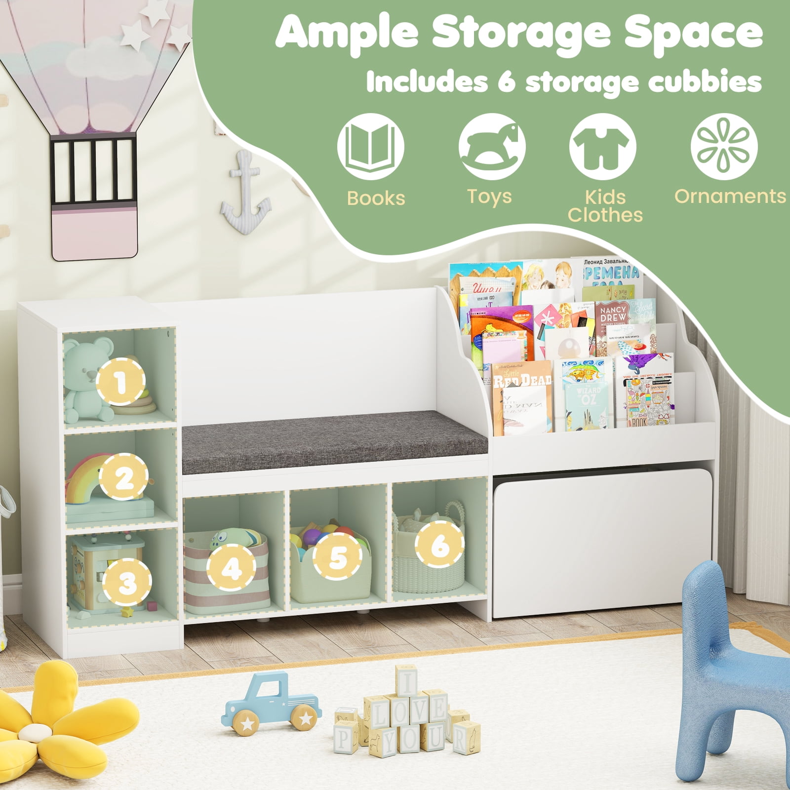 Gymax Wooden Kids Bookshelf w/Reading Nook Padded Seat Open Cubes Adjustable Shelf