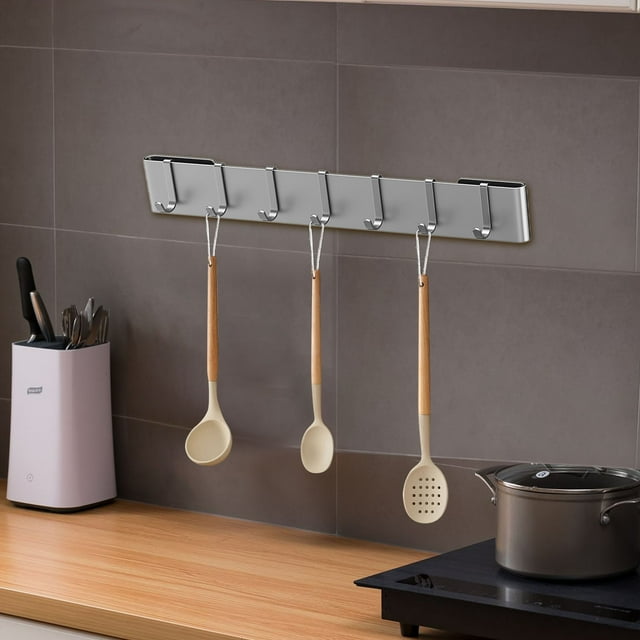 Kitchen Utensil Hanger Wall Mount Organizer with 7 Hooks for Kitchen Pantry Bathroom Living Room – No Drilling Required& Durable Steel Rack Wall Mounted Storage Solution