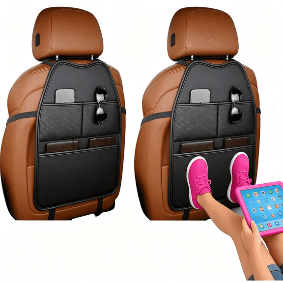RIONIMA 2 Pack Seat Back Protector - Leather Kick Mat with Storage Pockets,Front&Back Seat Cover for Kids -Large Capacity Car Seat Organizers and Storage for Child,Splashproof&Easy Clean