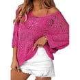 thumbnail image 2 of XIAONU Open Knit Hollow Out Sweater For Women Off Shoulder Drop Shoulder Beach Daily Blouses, 2 of 5
