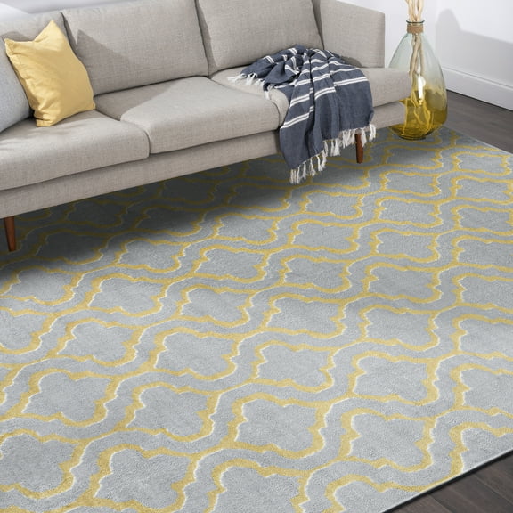 Transitional 8x10 Area Rug (7'11'' x 10'3'') Geometric Yellow, Gray Living Room Easy to Clean