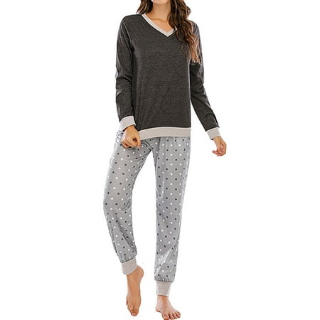 

HUBERY Women V Neck Long Sleeve Color Block Stitching Dots Printed Sleepwear Set