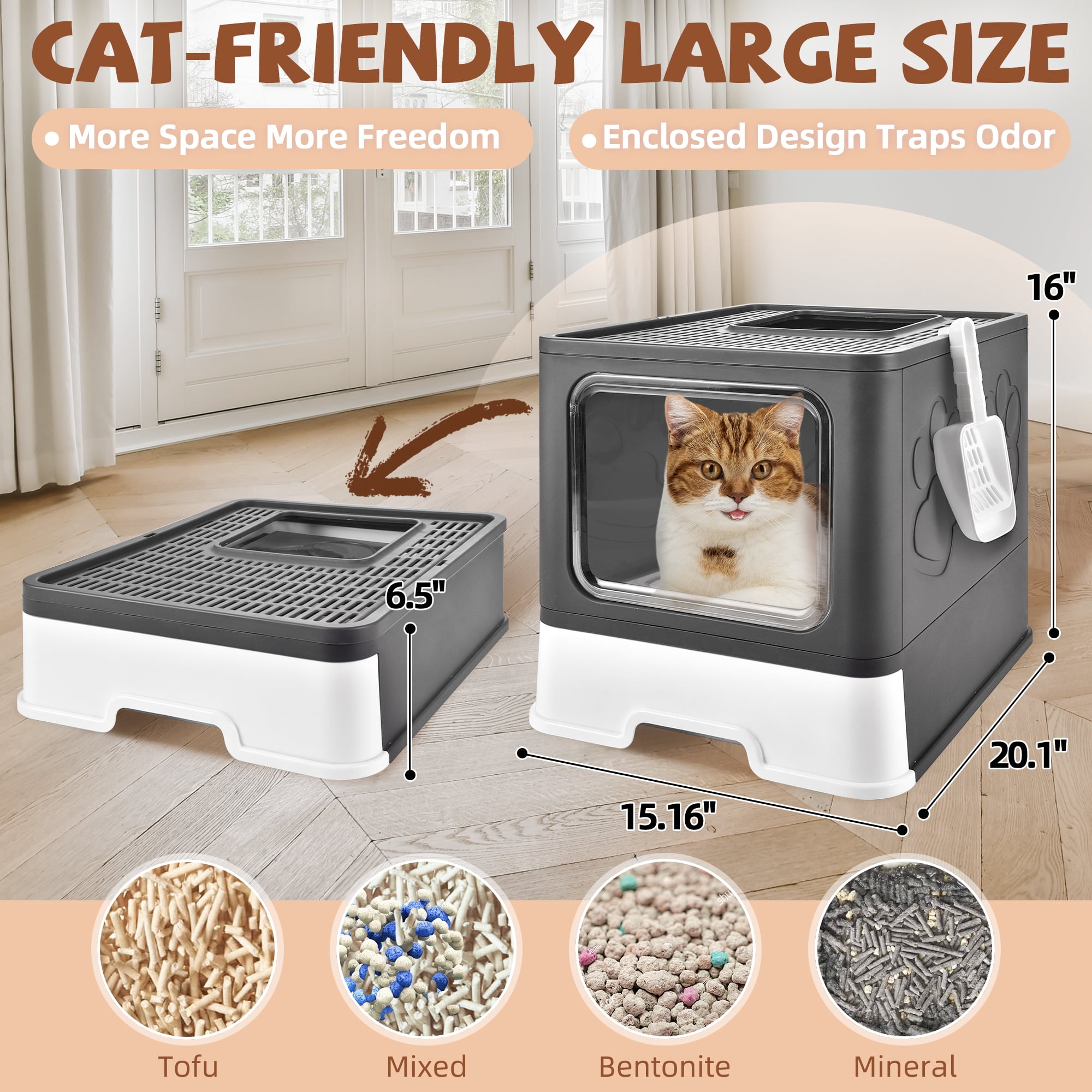 Upgraded Extra Large Cat Litter Box With Scoop, Plastic Standard Enclosed Litter Box, Upgraded Adjustable Door Cat Litter Box With Enlarged Drawer