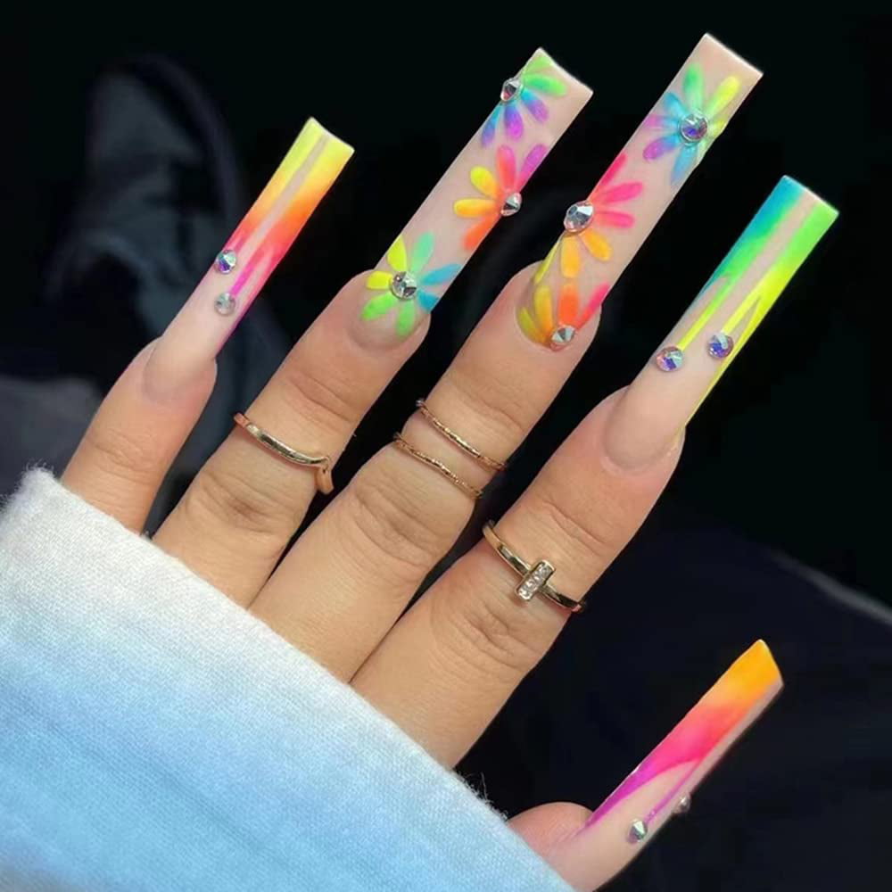 Press on Nails Long Fake Nails Multicolor Flower Acrylic Nails French Stick  on Nails Design Full Cover Coffin Adhesive Tape on Nails for Women and  Girls 24 Pcs 