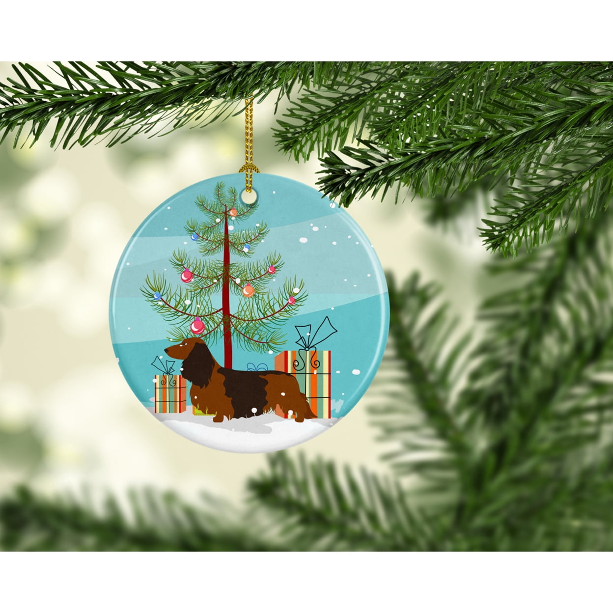 Longhaired Dachshund Christmas Ceramic Ornament