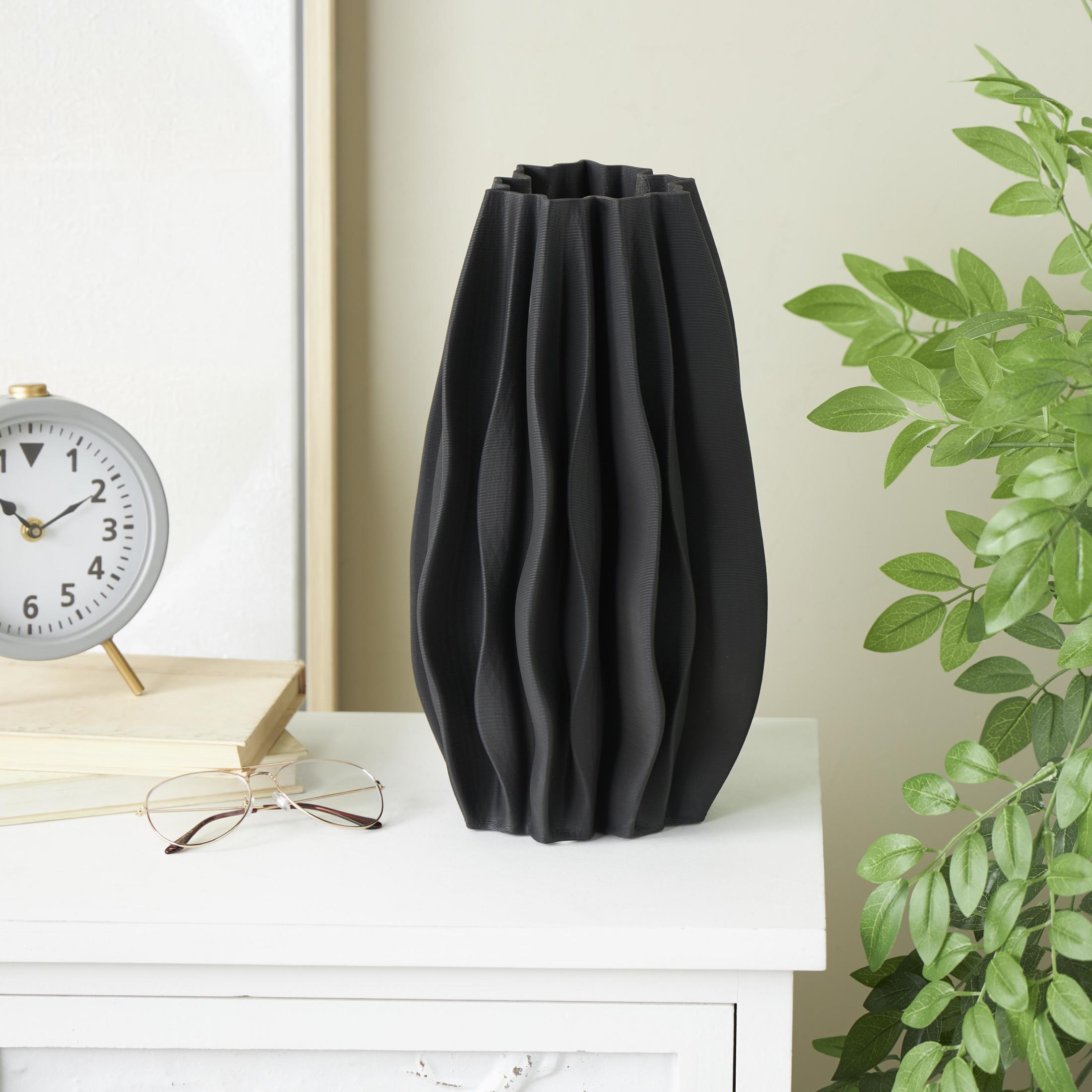 DecMode 14" Abstract Dimensional Wavy Ribbed Black Ceramic Vase with Floral Shaped Rim
