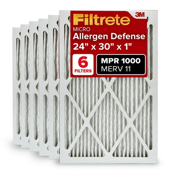 Filtrete 24x30x1 AC Furnace Air Filter, MERV 11, MPR 1000, Micro Allergen Defense, 3-Month Pleated 1-Inch Electrostatic Air Cleaning Filter, 6 Pack (Actual Size 23.81x29.81x0.81 in)