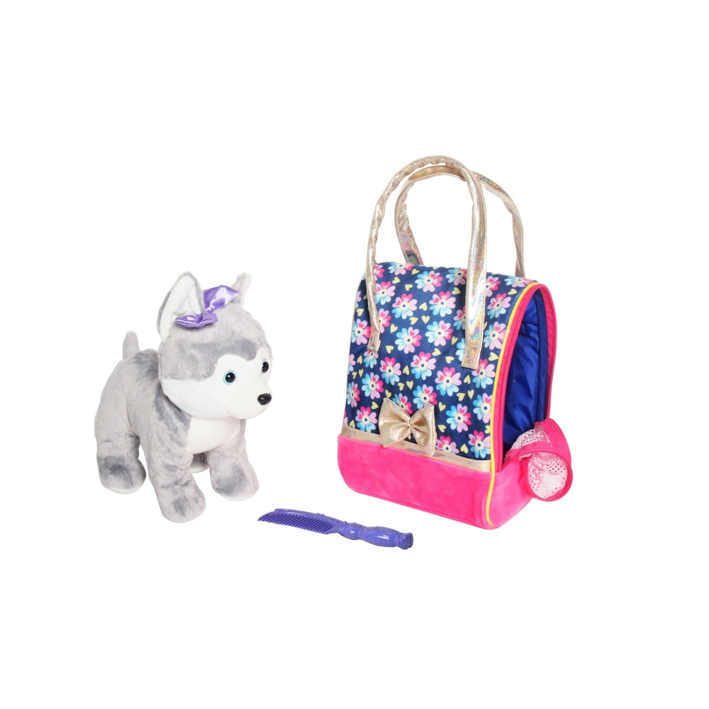 Plush Dog with Travel Carrier and Comb Stuffed Animal Toy Set, 3 Pieces