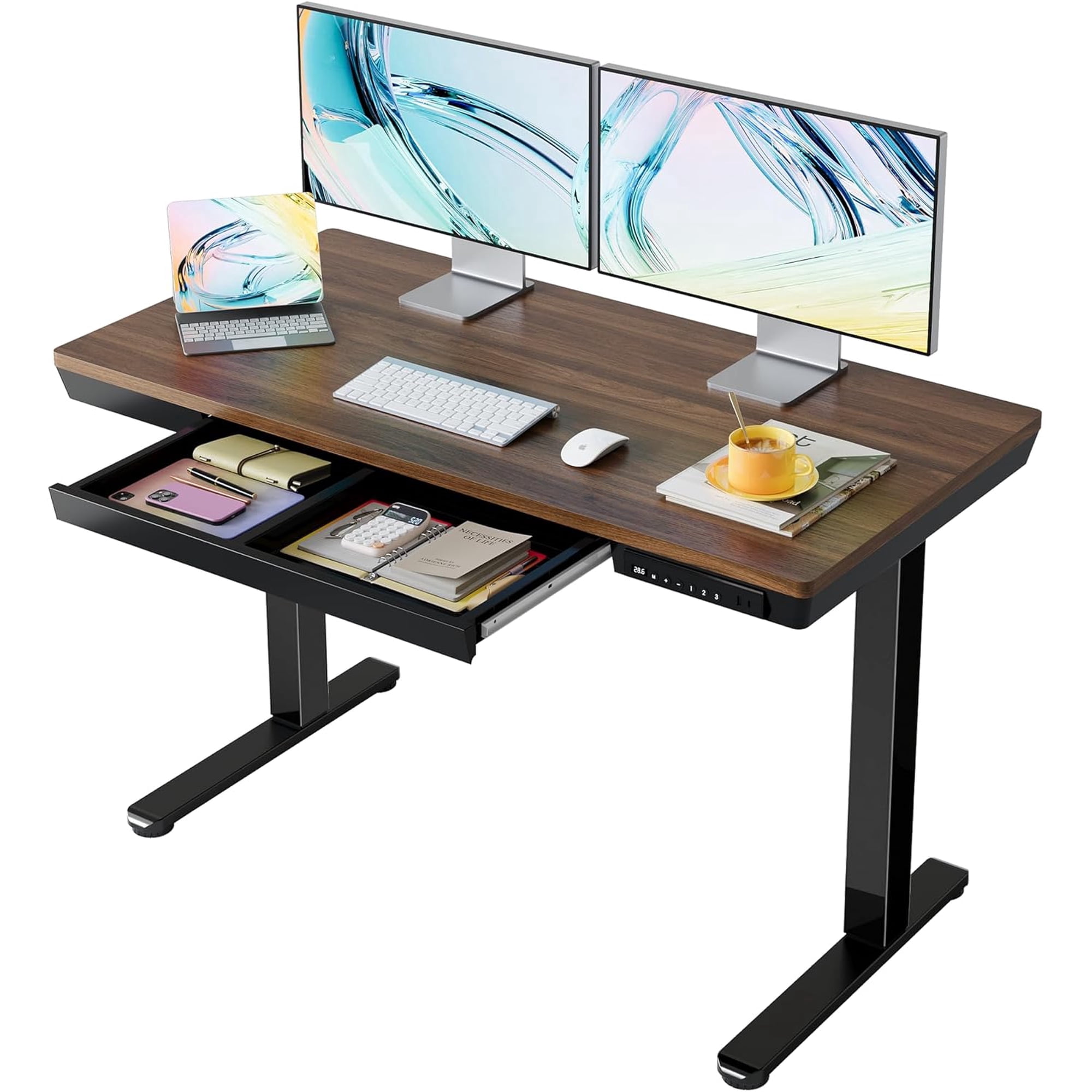 One-Piece Tabletop Standing Desk with USB & Type-C & Drawers, 48" x 24" Electric Adjustable Height Desk, Sit to Stand Up Computer Desk, Walnut