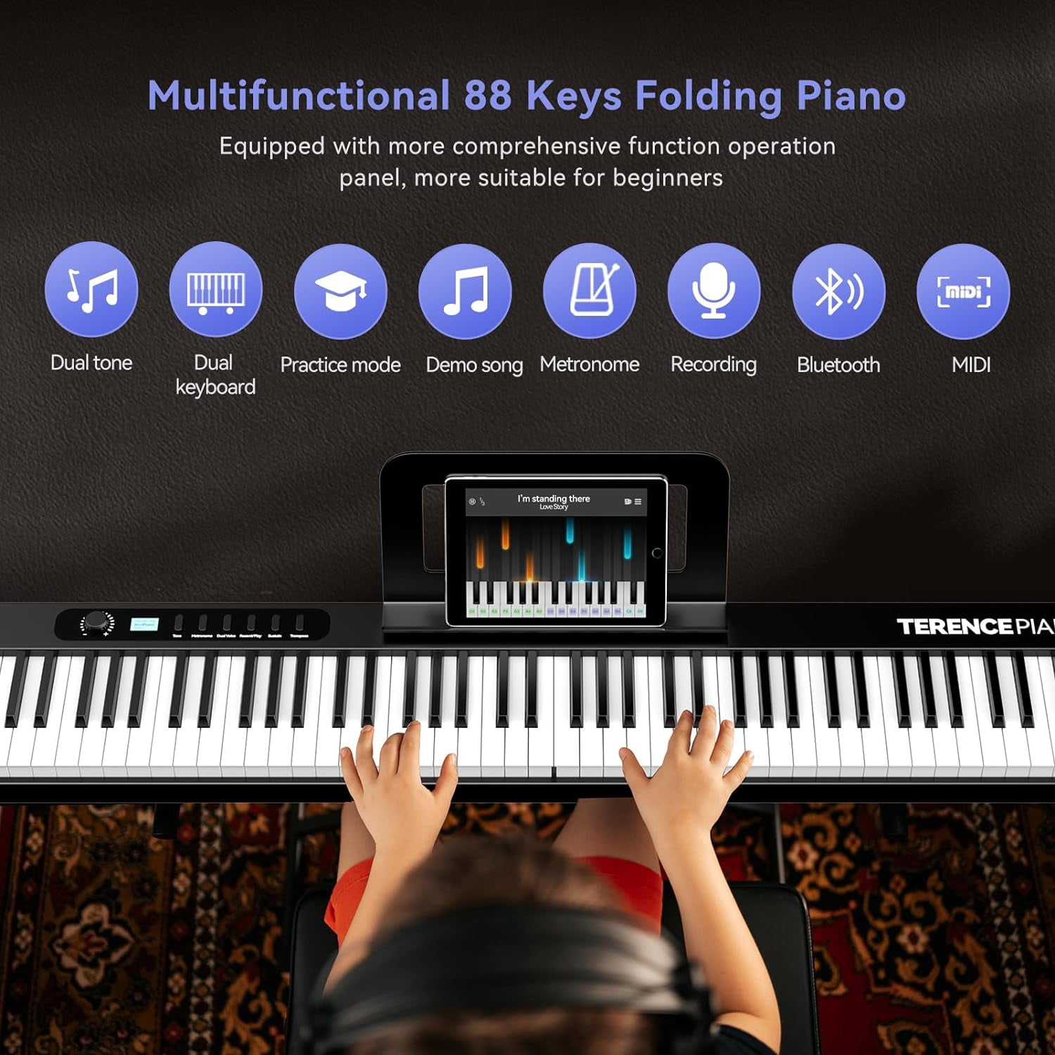 Terence 88-Key Semi-Weighted Folding Portable Electronic Piano with Bluetooth, LCD Screen, Speakers, 2X5W Speakers