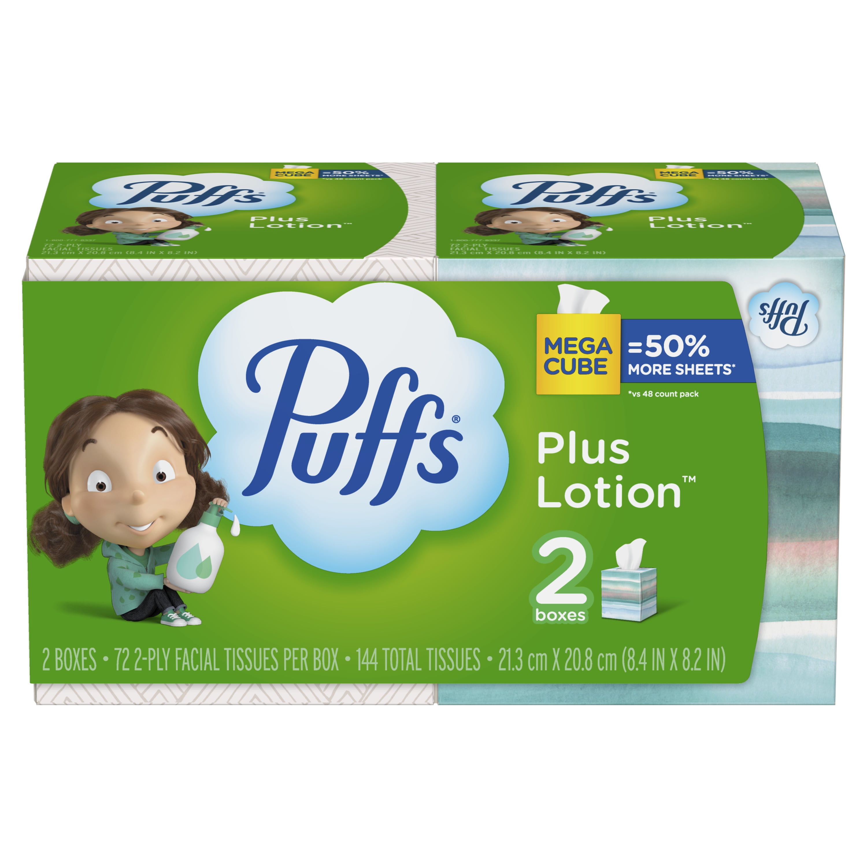 Puffs Plus Lotion Facial Tissue, 2 Mega Cubes, 72 Facial Tissues per