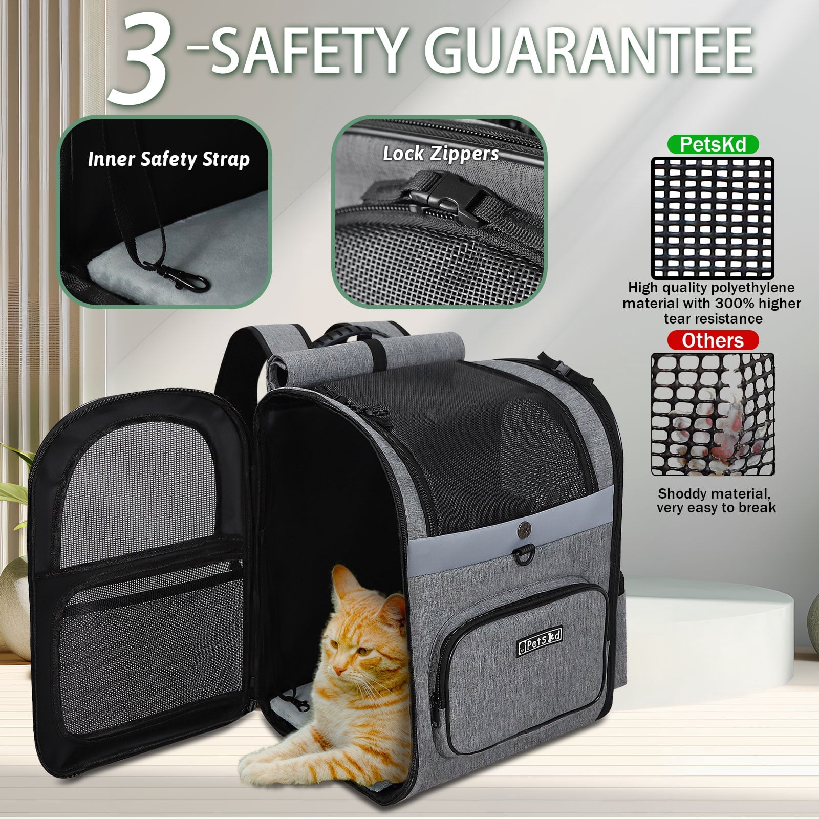 PETSKD Pet Carrier Backpack for Dogs Cats, 13x11x16.5 inches Outdoor Travel Backpack with with Safety Lock Zipperl, Large Space Foldable Backpack for Pets Under 20 lbs, Gray