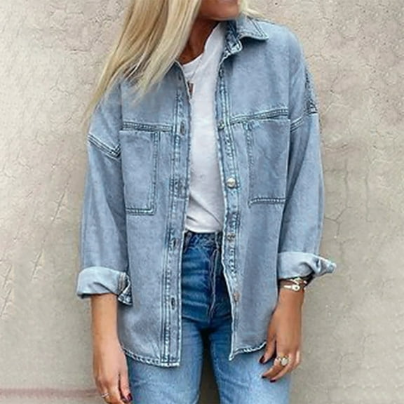casual jean jacket women long sleeve button down cardigan turn down collar coat boyfriend denim jacket