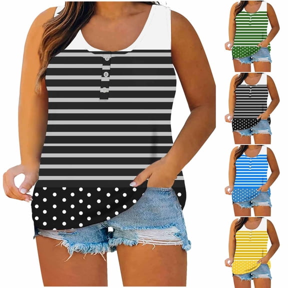 YHAJDS Womens Plus Size Tank Tops Ribbed Tank Tops for Women Color Print Summer Button Detail Sleeveless Tee