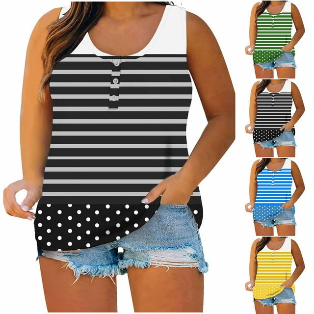 JDQJBZ Débardeur Côtelé pour Femmes Imprimé Polka Grande Taille Été Bouton devant Sans Manches
