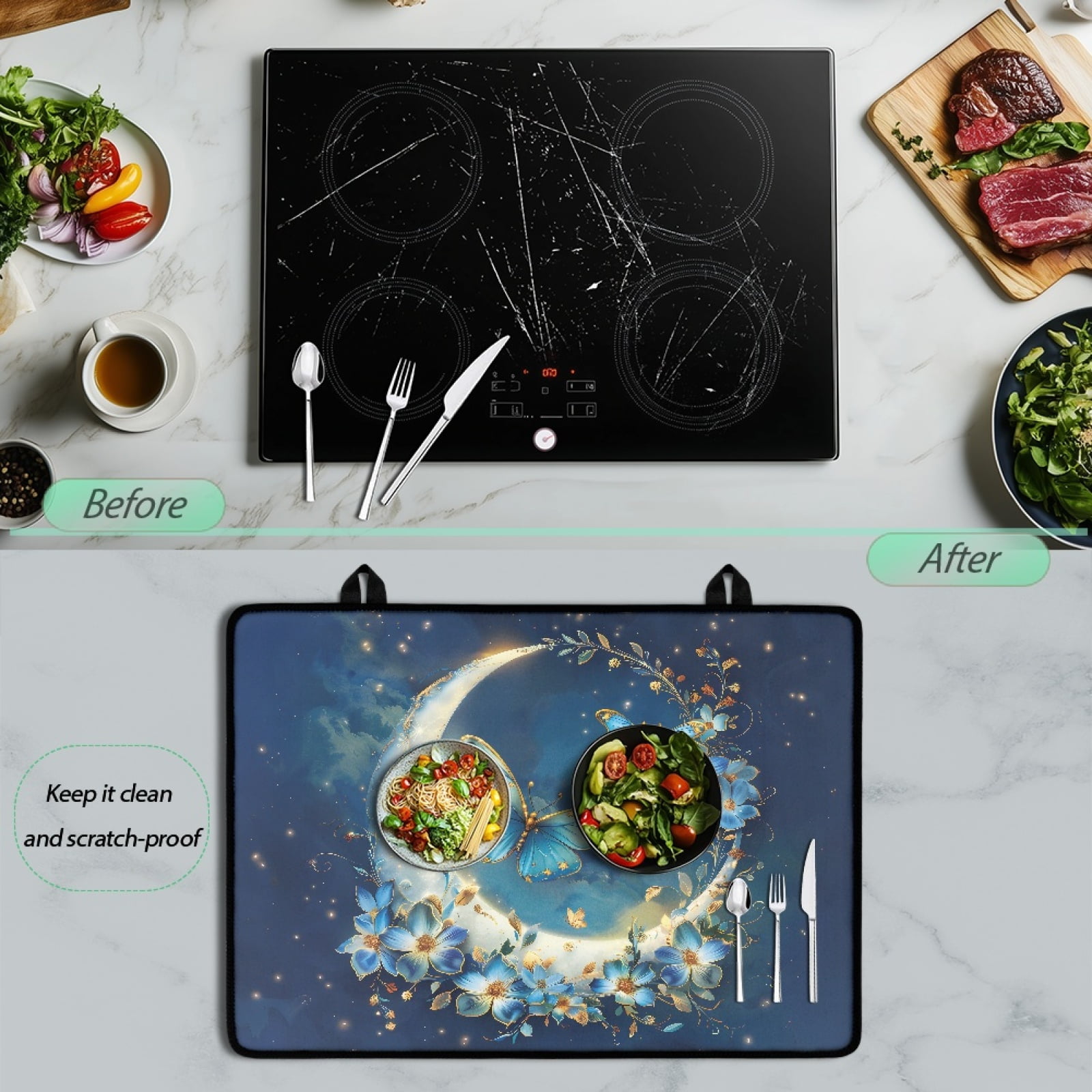 SEANATIVE Glass Top Stove Cover Electric Stove Mat Electric Ceramic Stovetop Cover Oil-proof Washer Dryer Top Protector Scratch Resistant Cooktop Protector, Blue Butterfly Flower Moon
