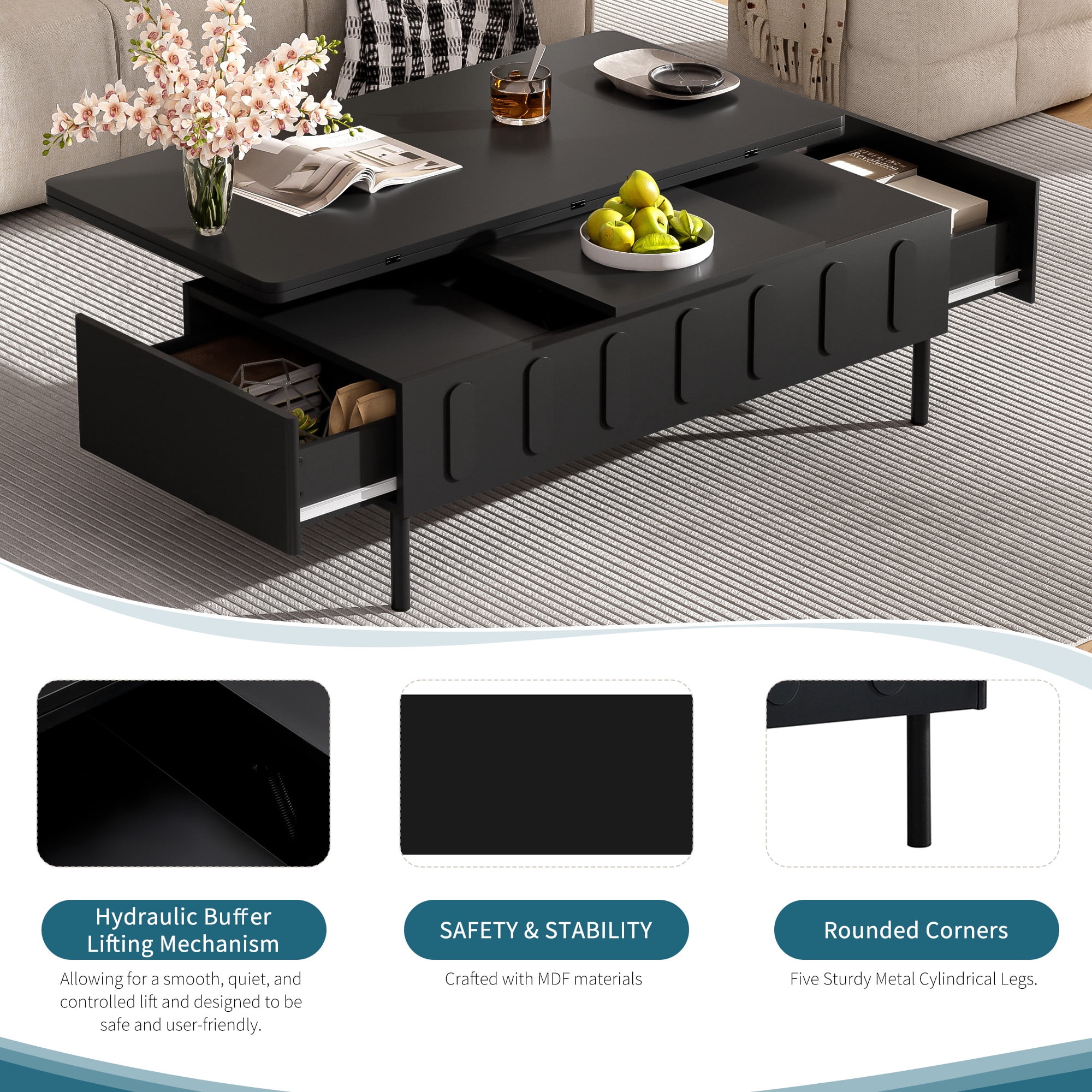 Euroco Modern Lift-Top Convertible Coffee Table – Multifunctional Workstation, Dining & Storage Table for Small Spaces
