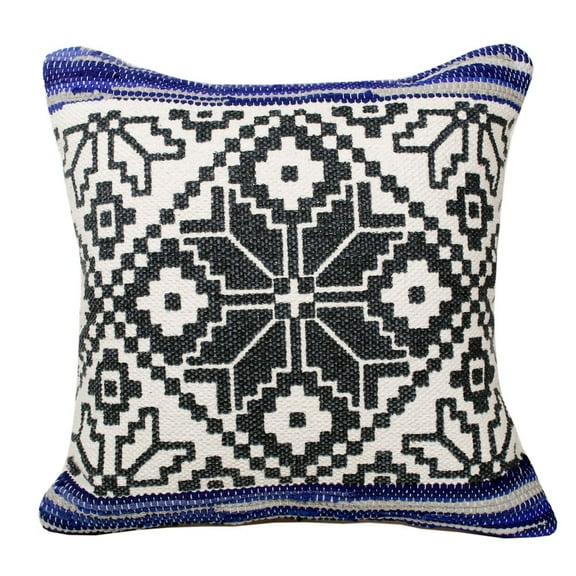 LR Home Ox Bay Hand-Woven Blue/Grey Tribal Cotton Blend Pillow Cover