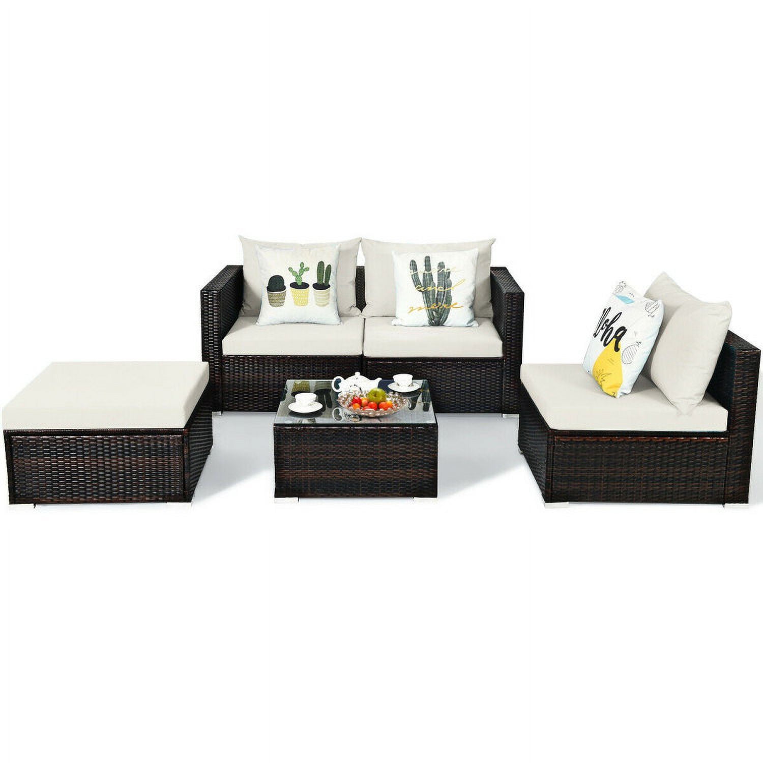 Aimee Lii 5 Pieces Patio Rattan Sectional Furniture Set with Cushions and Coffee Table, Outdoor Deck Furniture, Off White Aimee Lii 5 Pieces Patio Rattan Sectional Furniture Set with Cushions and Coffee Table, Outdoor Deck Furniture, Off White