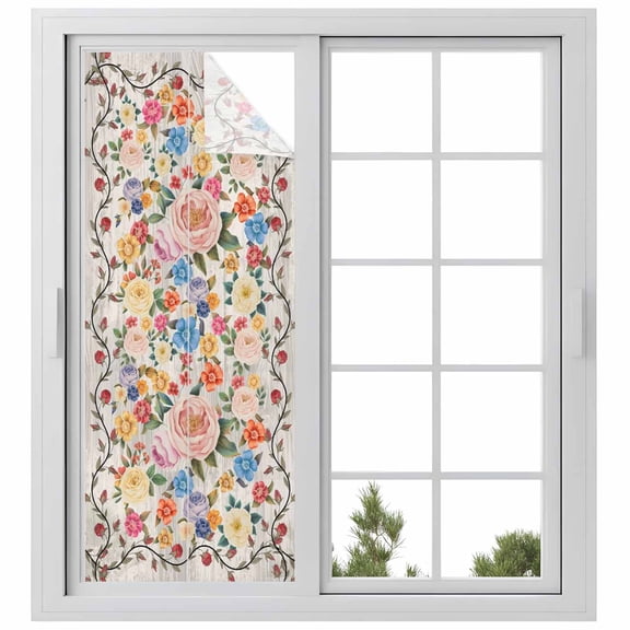 Boho Pink Flowers Window Privacy Film, Colorful Floral Spring Vintage Botanical Static Cling UV Sun Blocking Heat Control Window Tint Day and Night, Non-Adhesive One Way Privacy Cover 29.5''x78.7''