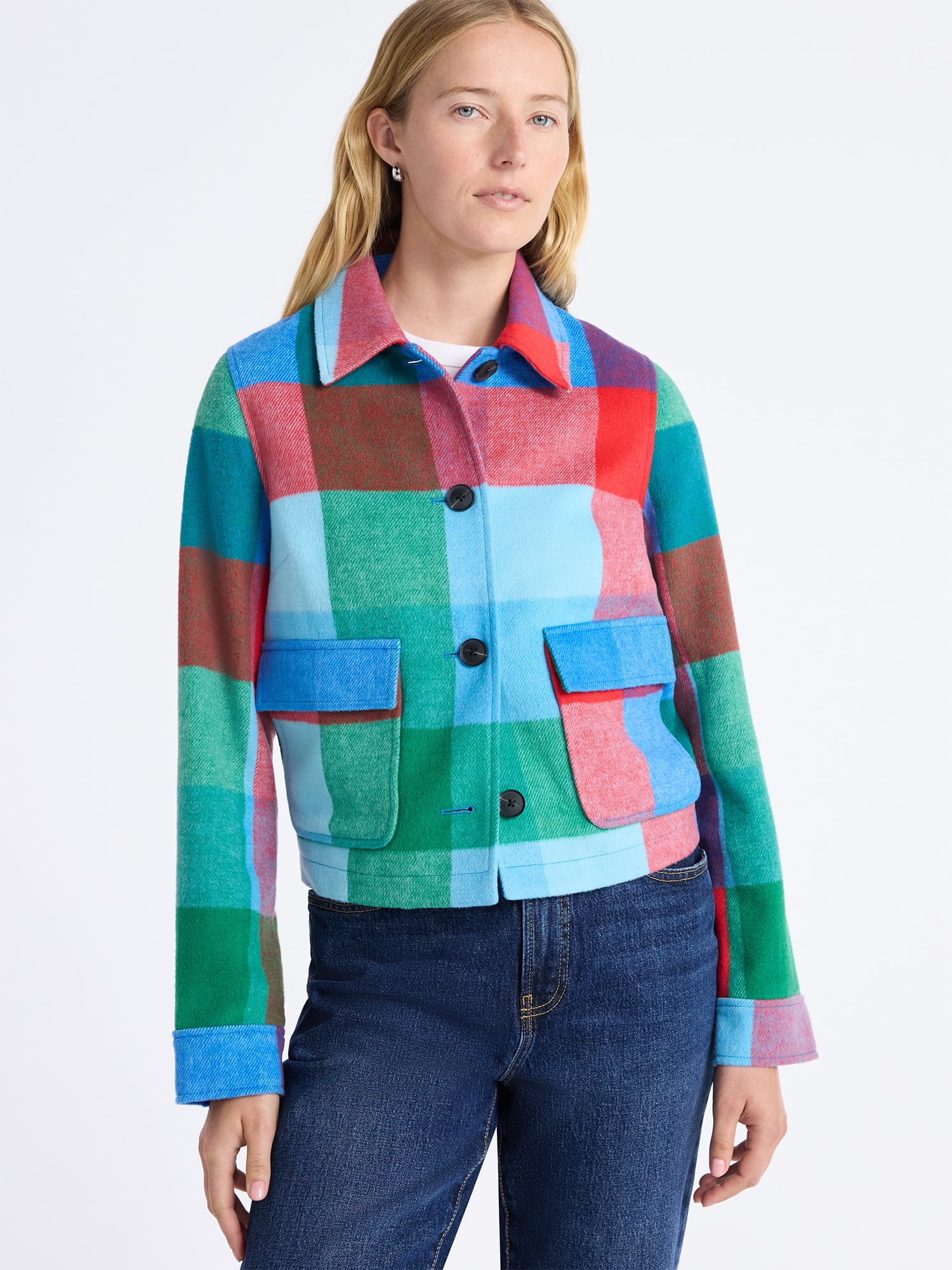 Free Assembly Women's Plaid Cropped Chore Jacket, Sizes XS-XXL