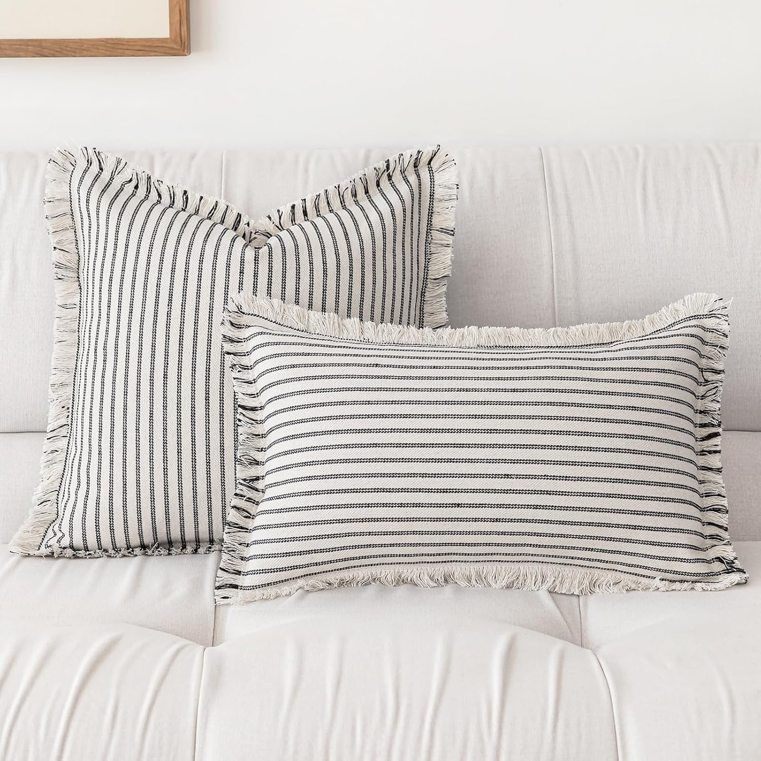 Lanola Throw Pillow Covers 22x22 Set of 2 Striped Fringe Pillow Cover Farmhouse Cushion Covers with Tassel Neutral Boho Pillows Decorative Square Pillowcase for Couch Sofa Bed, Red