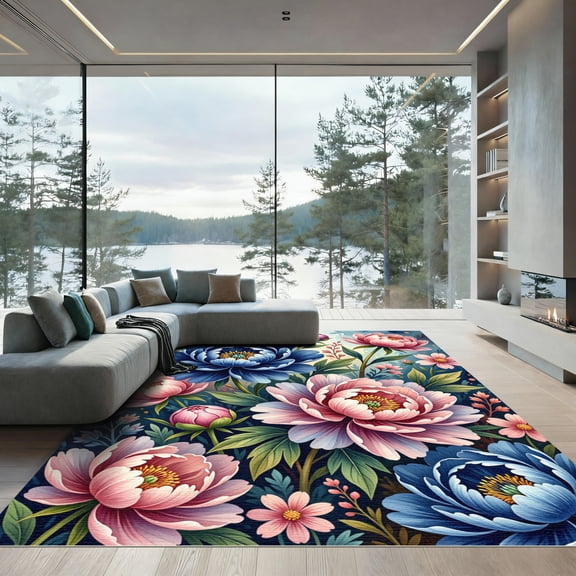 ODIKA 4'x6' Machine Washable Non-Slip Area Rug, Watercolor Blue High Traffic Rug, Blue, 997914