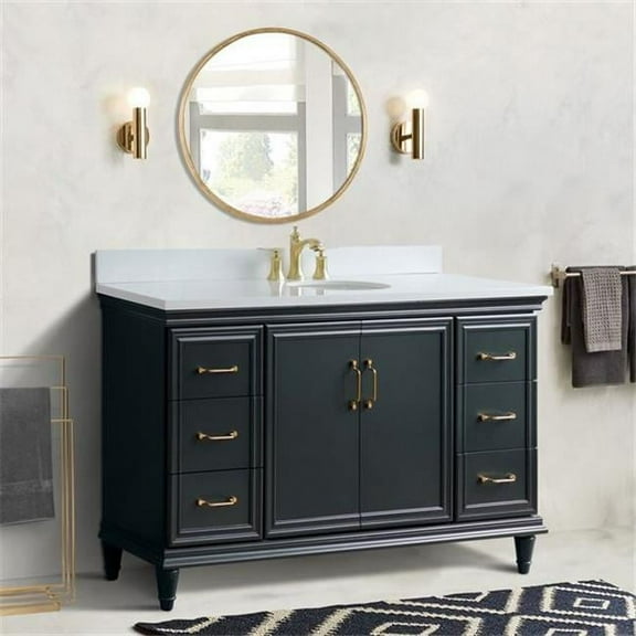 61 in. Single Oval Sink Vanity with Quartz Top, Dark Gray & White