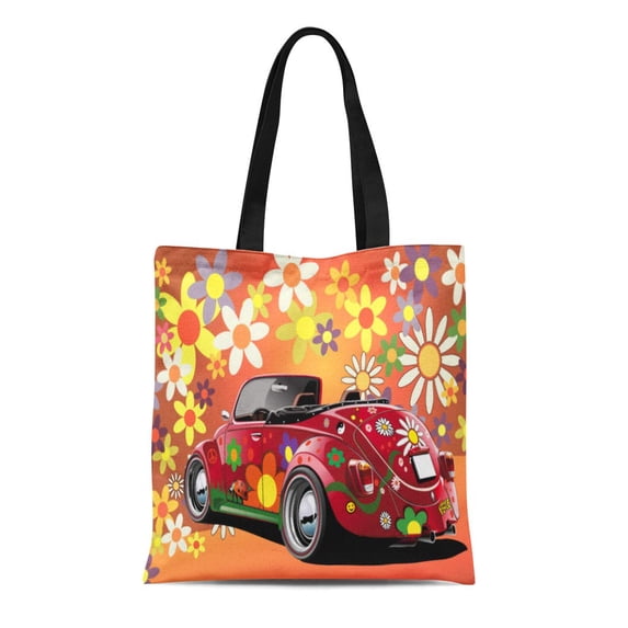 LADDKE Canvas Tote Bag Orange Car Flower Power Convertible on Colorful Red Retro Durable Reusable Shopping Shoulder Grocery Bag