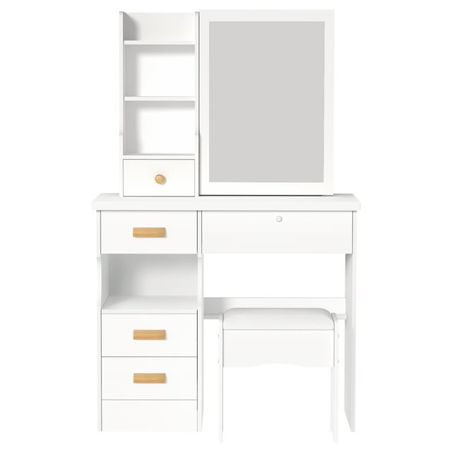 TidBay Vanity Desk with Sliding Mirror, Bedroom Dressing Table, Makeup Table with 5 Drawers & Shelves, Hidden Storage Space