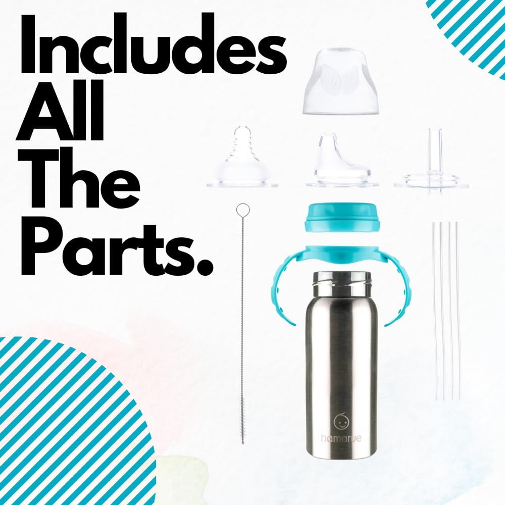 Hamarue 3-in-1 Stainless Steel Sippy Cups for Babies & Toddlers | Non-Toxic Insulated Baby Bottle | BPA-Free | Ages 3M+ | Evolving Feeding Solution