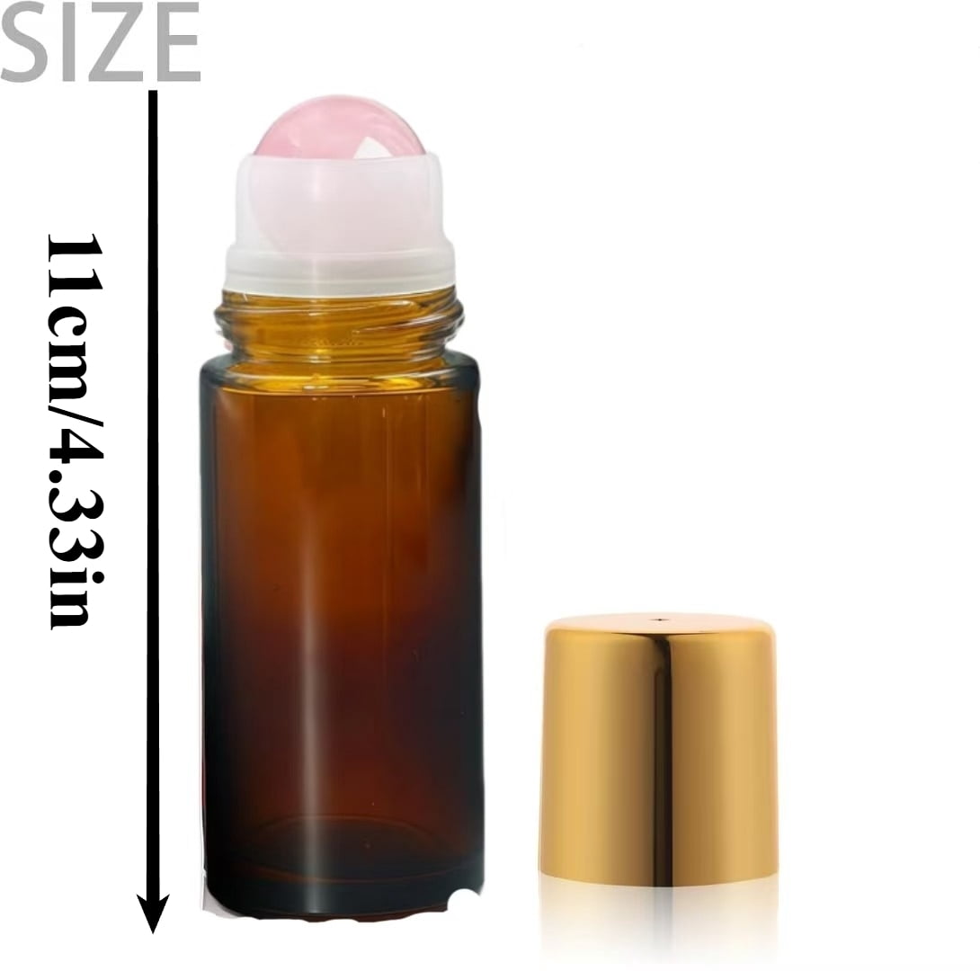 3 Pack Amber Glass Essential Oil Roller Bottles – 50ml Rose Quartz Roll On Bottles with Crystal Roller Balls, Leak-Proof Refillable Perfume Containers with Gold Caps for DIY & Travel