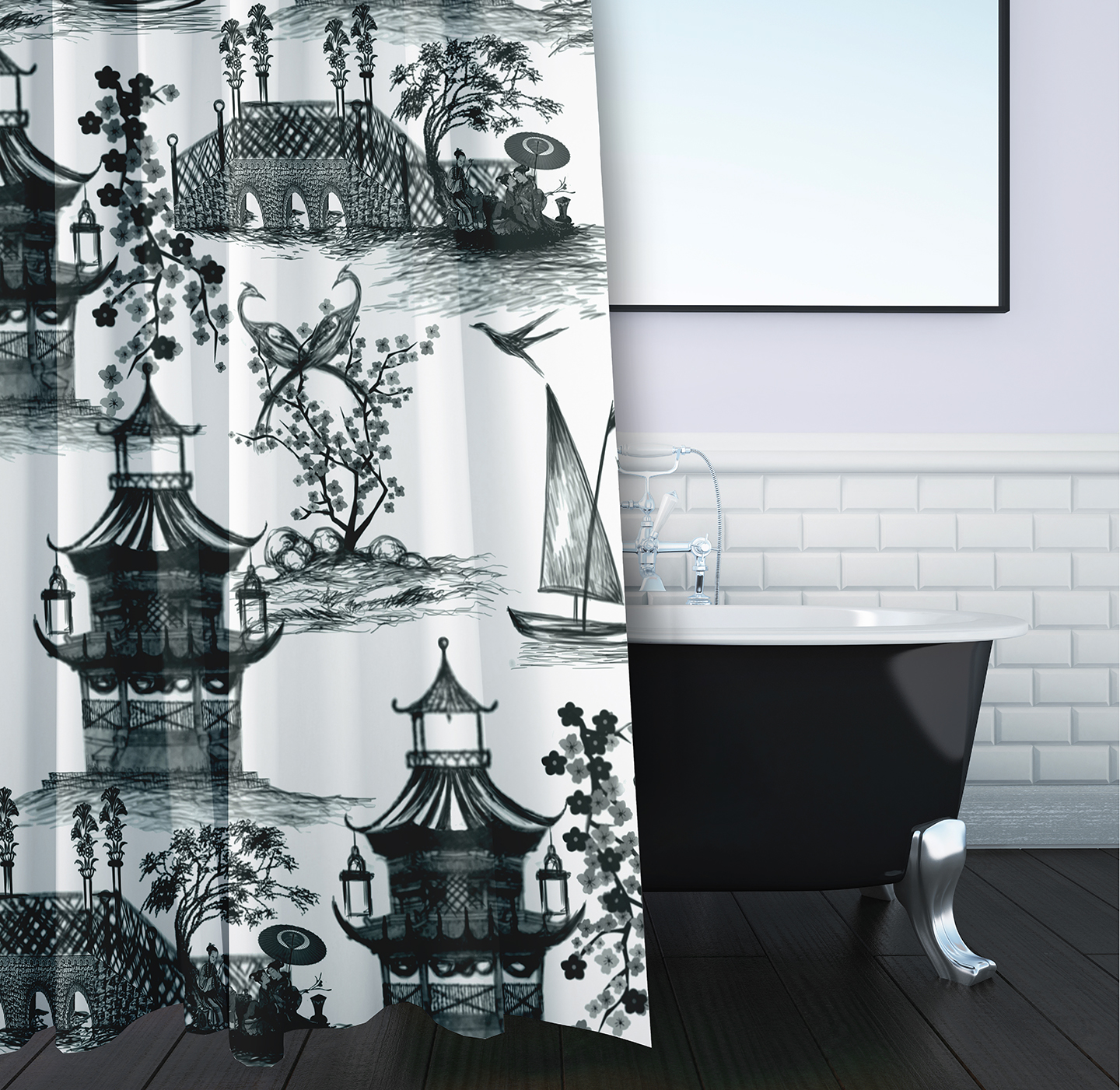 Simply Daisy 70" W x 73" L China Old Polyester Shower Curtain, Black [1 Ct]