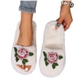 thumbnail image 5 of Women Fluffy Faux Fur Embroidery Rose Open Toe Slide Slippers White 6.5-7, 5 of 9