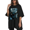 thumbnail image 4 of Plus Size Shirt for Women Oversized Black Tops for Women Short Sleeves Shirt for Women Blue Roses T Shirt Crewneck Shirt for Women M, 4 of 5