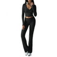 thumbnail image 2 of Conjunto Deportivo de 2 Piezas para Mujer, Camiseta de Larga, Pantalones Acampanados con Solapa, Chándal Informal, Color Negro, Talla L, 2 of 8