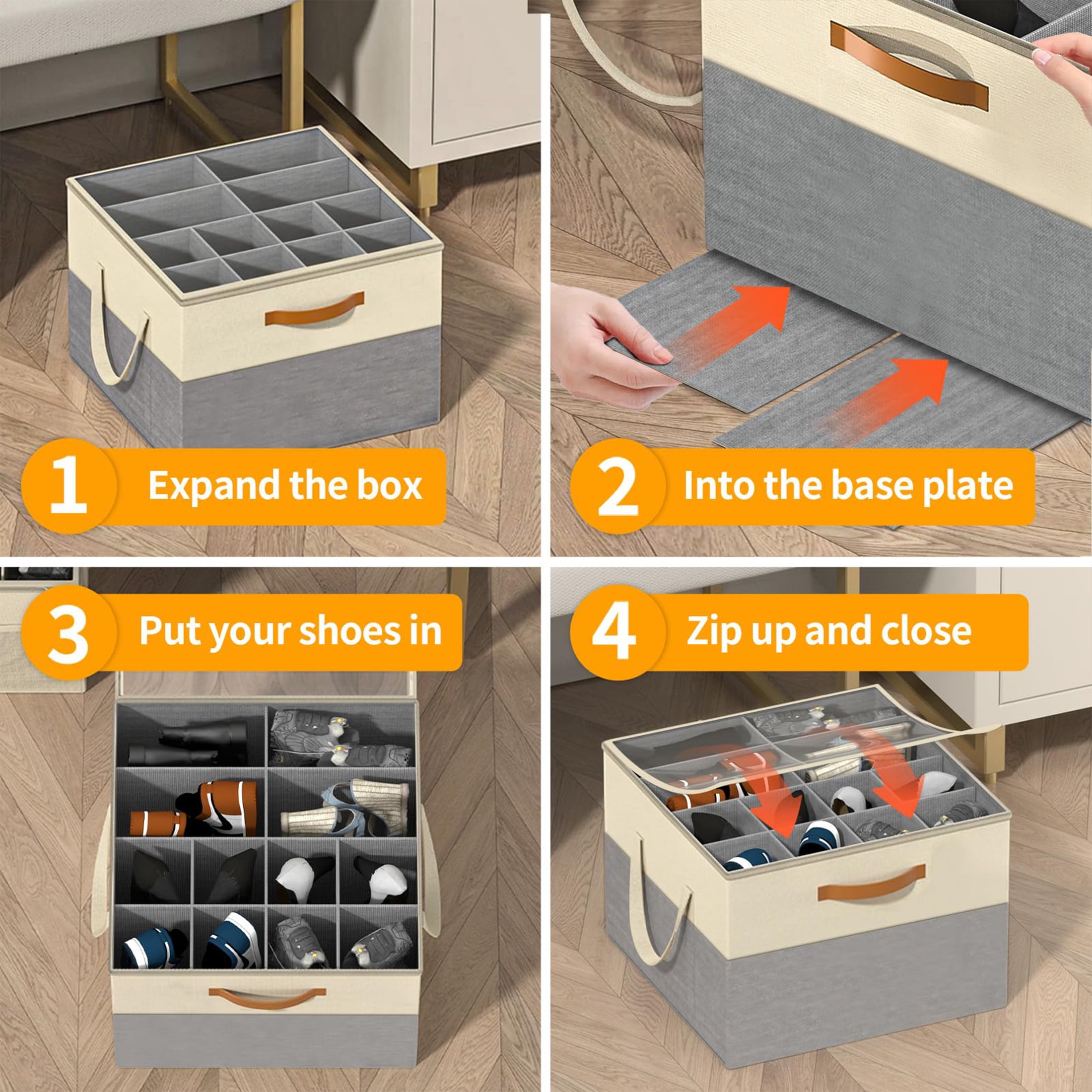 Aokeyee Shoe Storage for Closet, 2 Pack Shoe Box Organizer Containers with Clear Cover and Reinforced Handles, Fits 16-32 Pairs, Beige and Grey