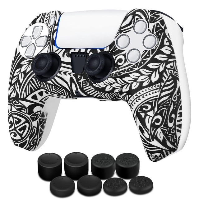 Funda de Silicona TNP PS5 Negro con 8 Empuñaduras Tribales Ergonomía para PlayStation 5