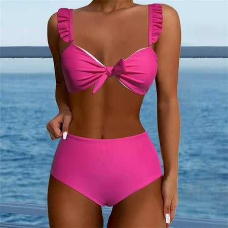 Ovticza Womens High Waisted Bikini Sets Ruffle Cheeky Tummy Control Full Coverage Push Up Solid Two Piece Swimsuits Hot Pink XL