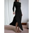 thumbnail image 6 of Women'S Solid Color Long Sleeve Crew Neck Ruched Waist Flowy A Line High Low Midi Irregular Split Dress Black S, 6 of 7